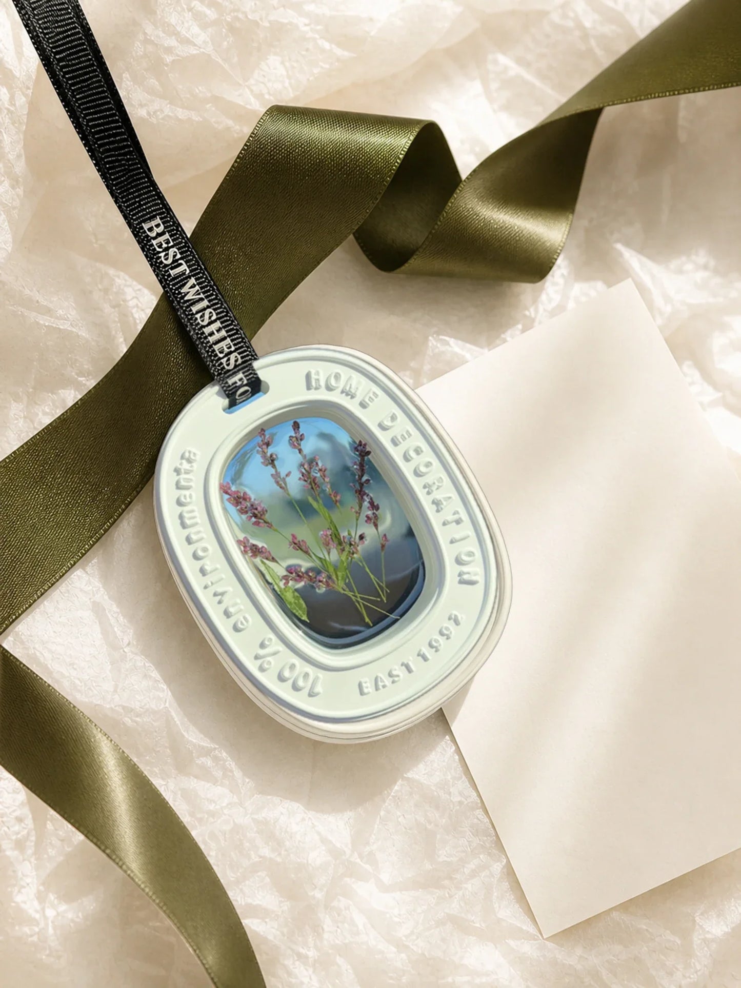 Heather Purple botanical window car charm presented with neutral tissue for gifting inspiration