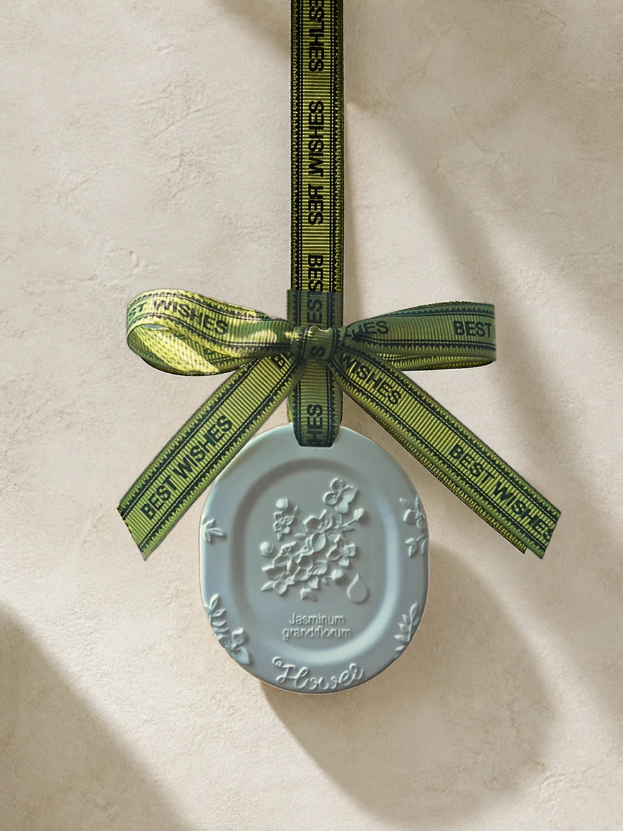 White Jasmine botanical medallion hanging car charm with olive BEST WISHES ribbon