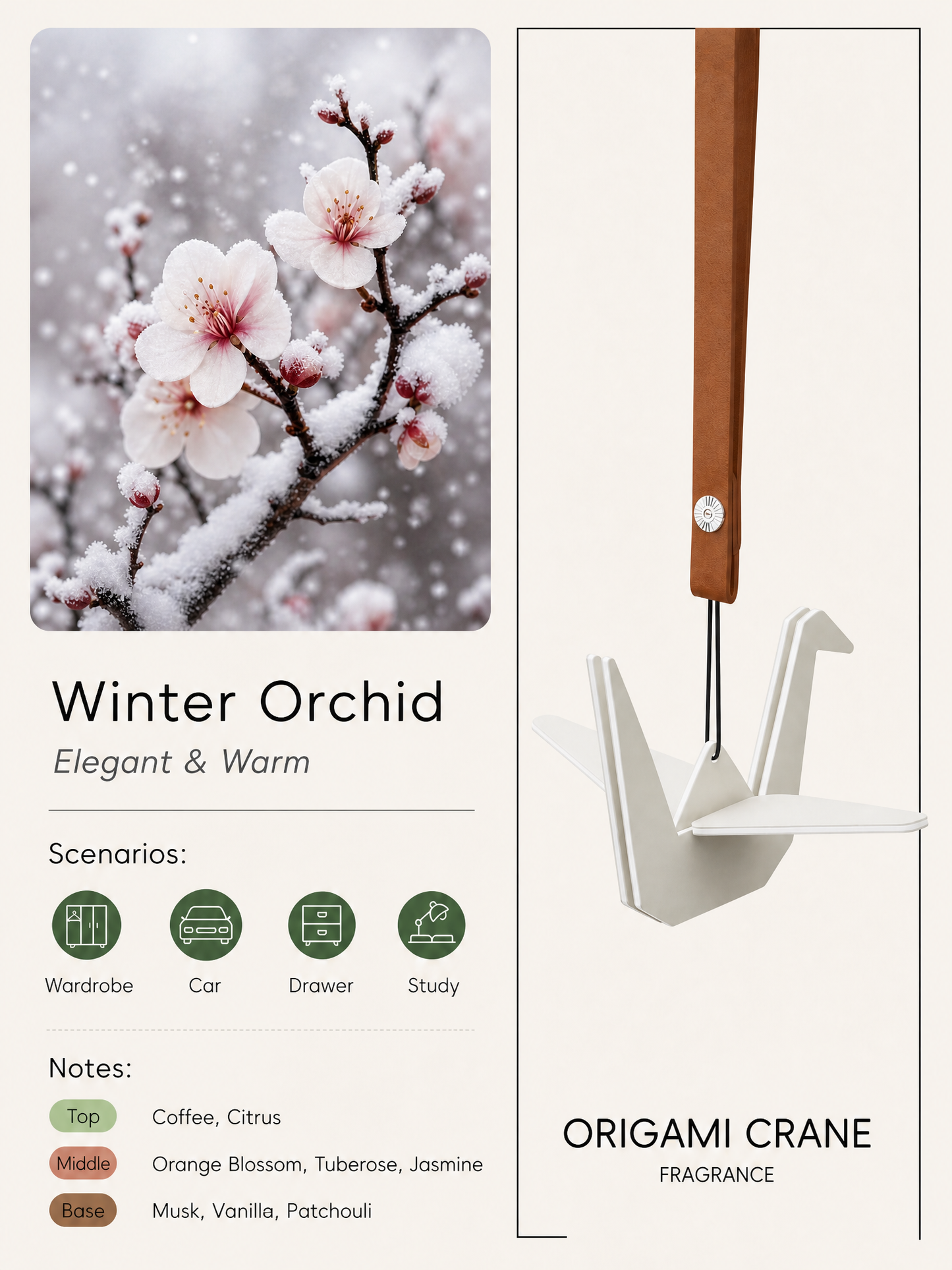 Winter Orchid elegant floral scented white origami crane hanging diffuser