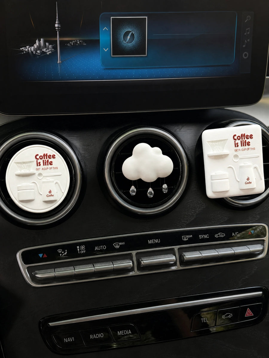 Square, Round and Cloud Coffee Ritual pieces installed across three compatible car vents