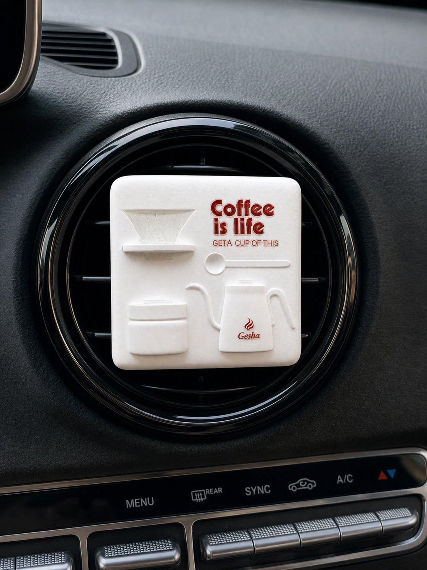 Square Coffee Ritual piece with raised coffee-tool relief and physical lettering