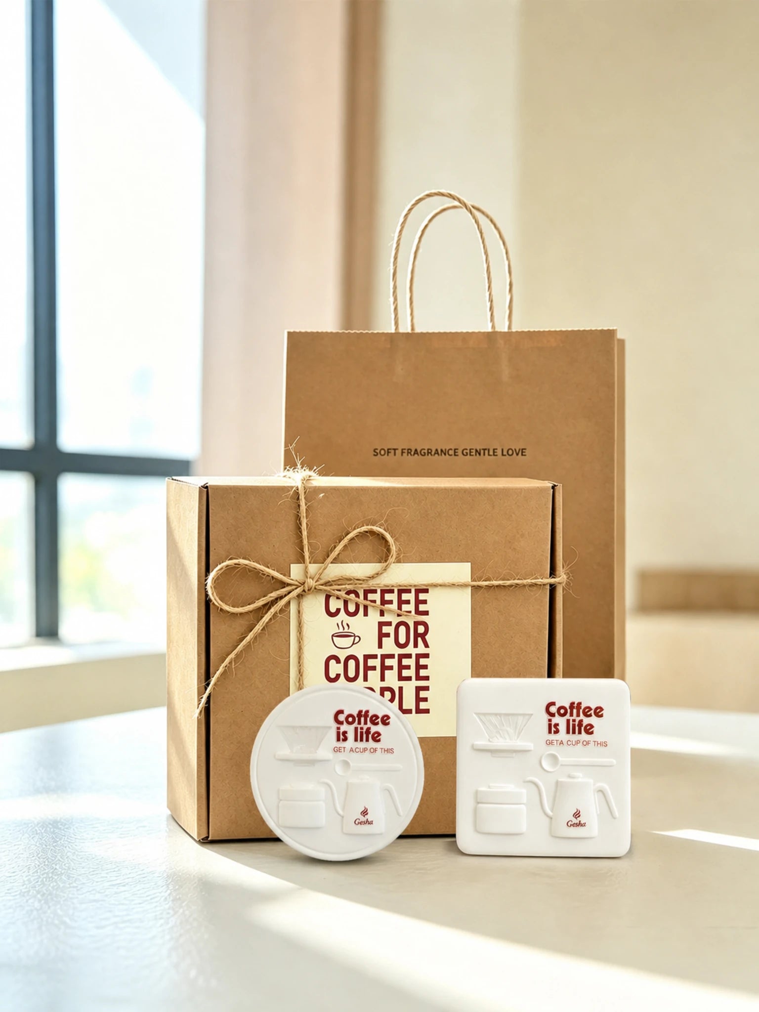 Square and Round Coffee Ritual duo with its real kraft presentation box and gift bag