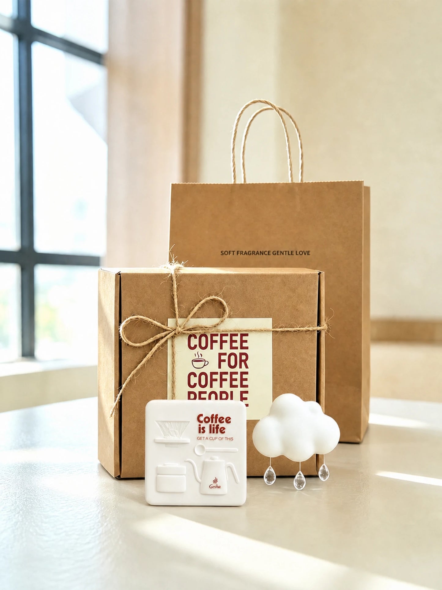 Square and Cloud Coffee Ritual duo with its real kraft presentation box and gift bag