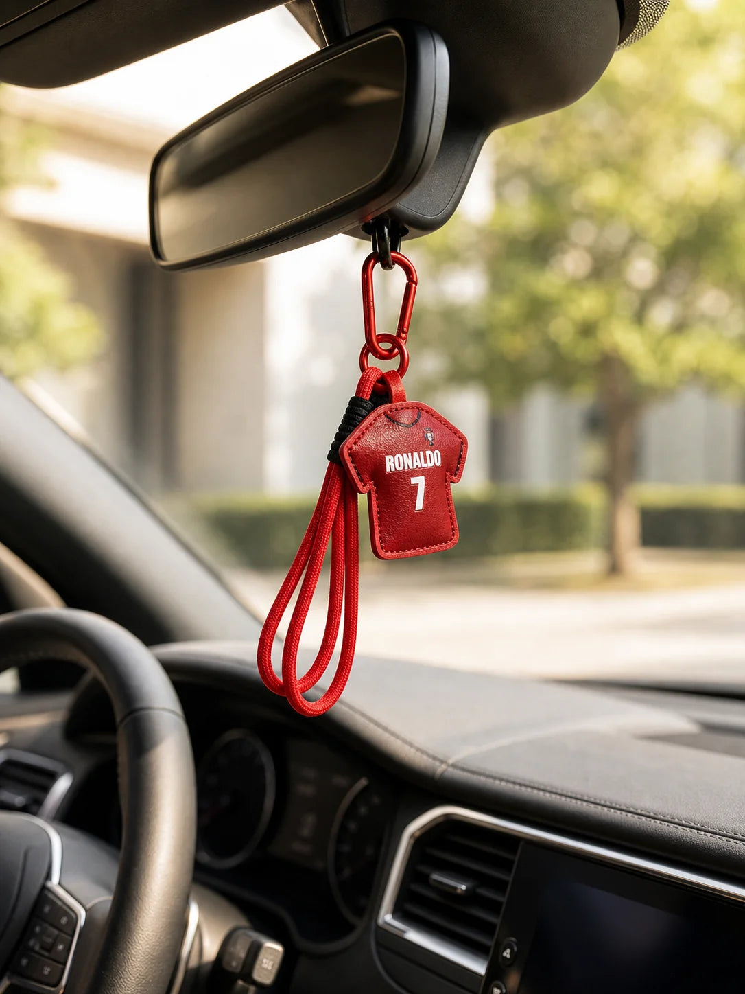 Jersey key ring pendant styled as a car accessory