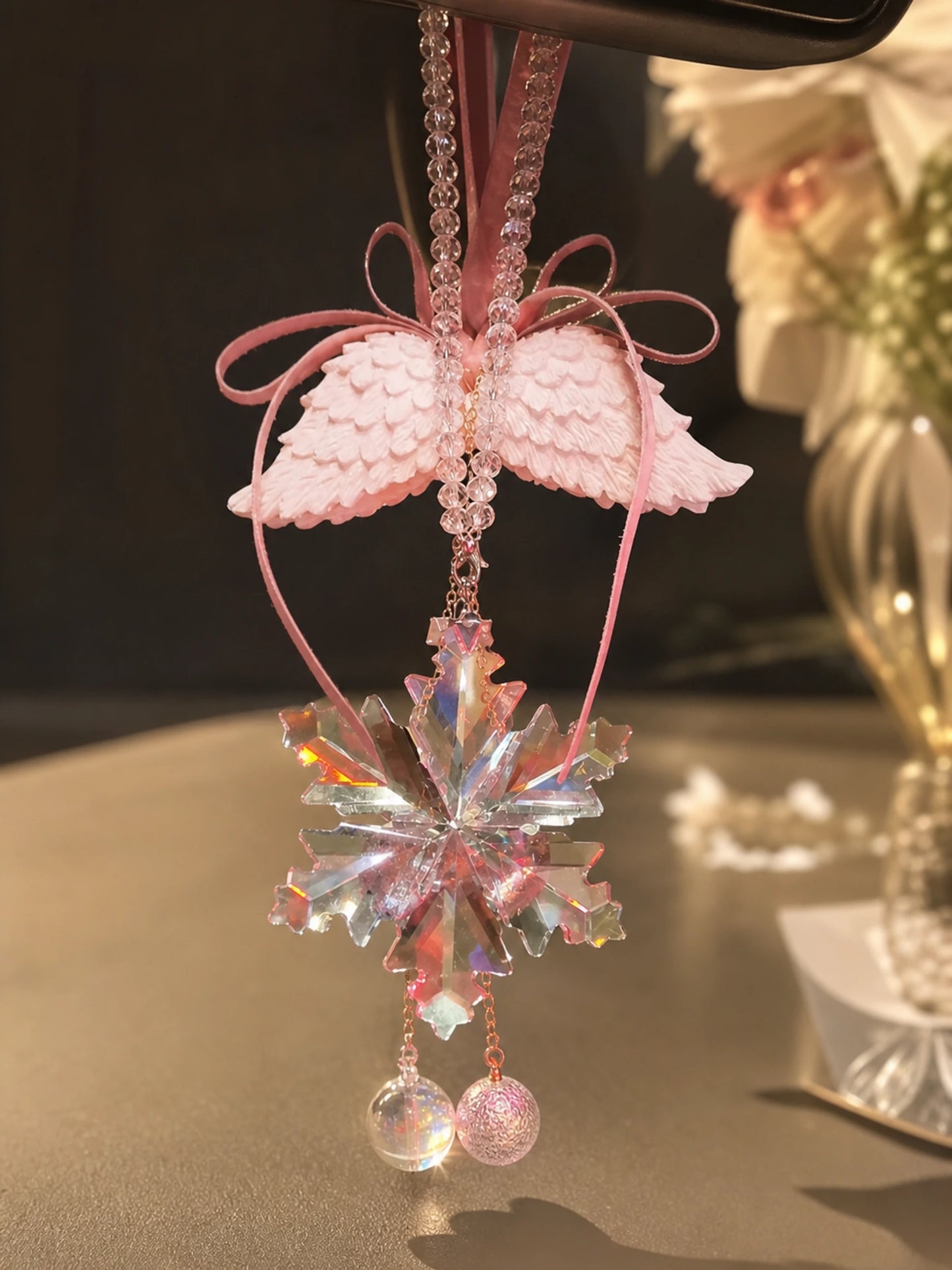 Crystal Wing Hanging Car Charm in blush pink