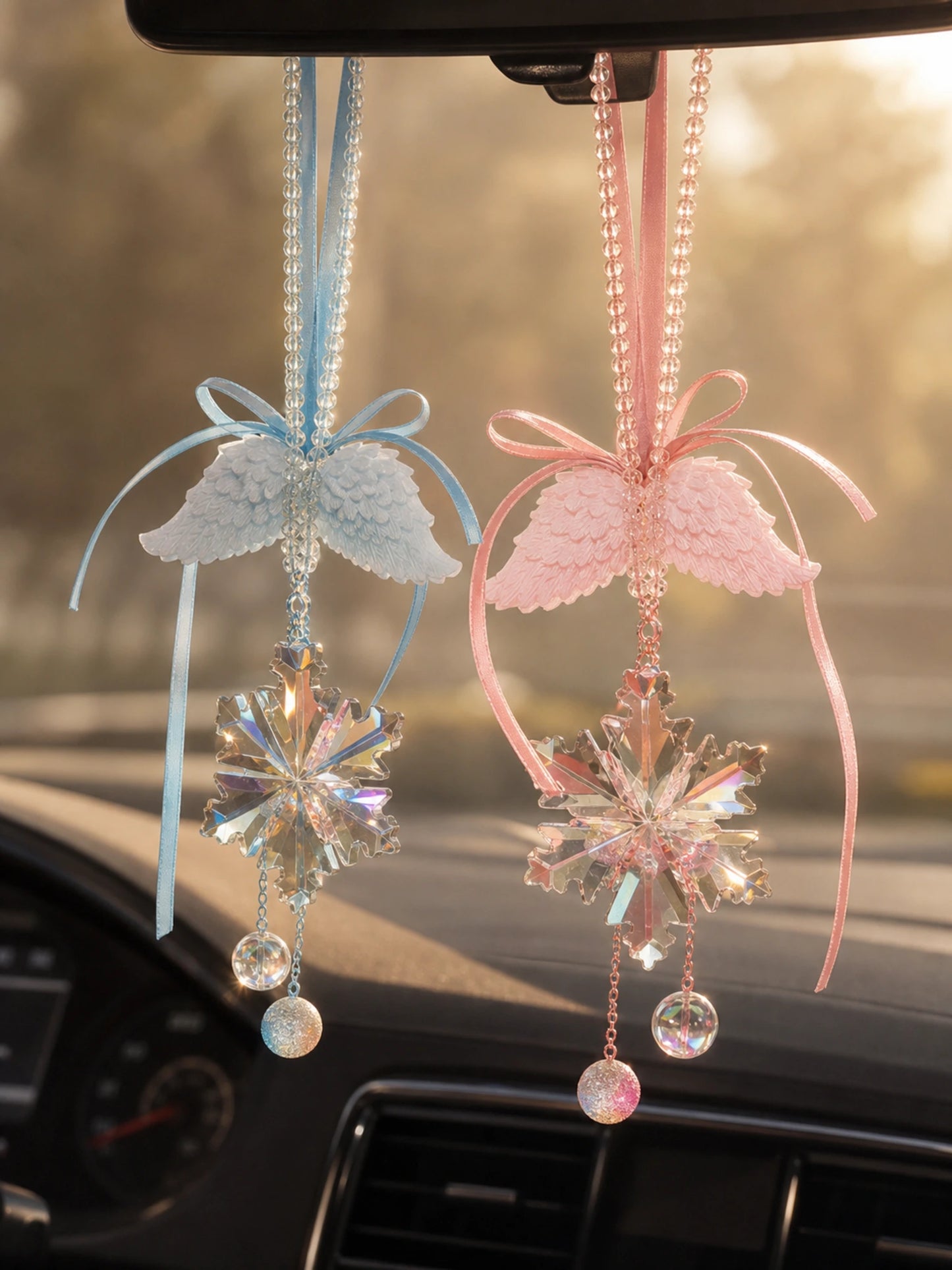 Crystal Wing Hanging Car Charm in sky blue and blush pink