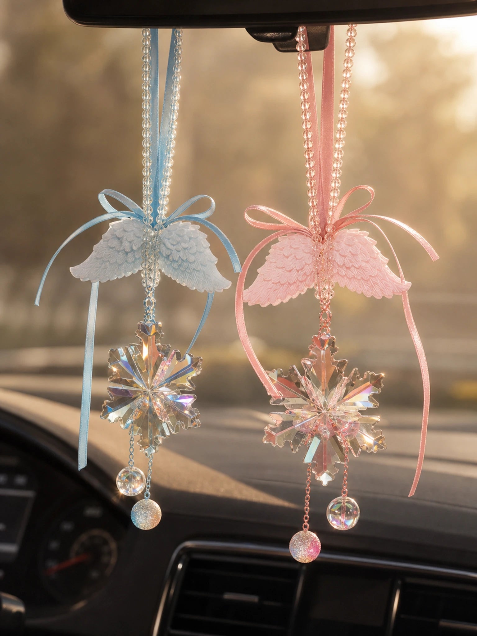 Crystal Wing Hanging Car Charm in sky blue and blush pink