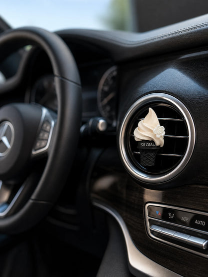 Vanilla Cone car vent charm installed on a Mercedes-Benz vent