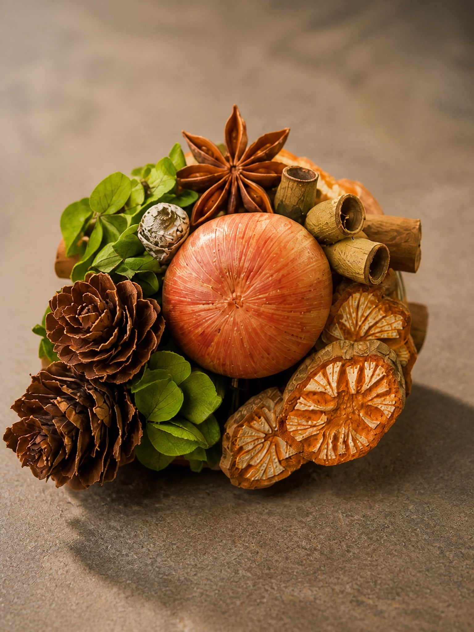 Orchard Spice botanical fruit and foliage detail