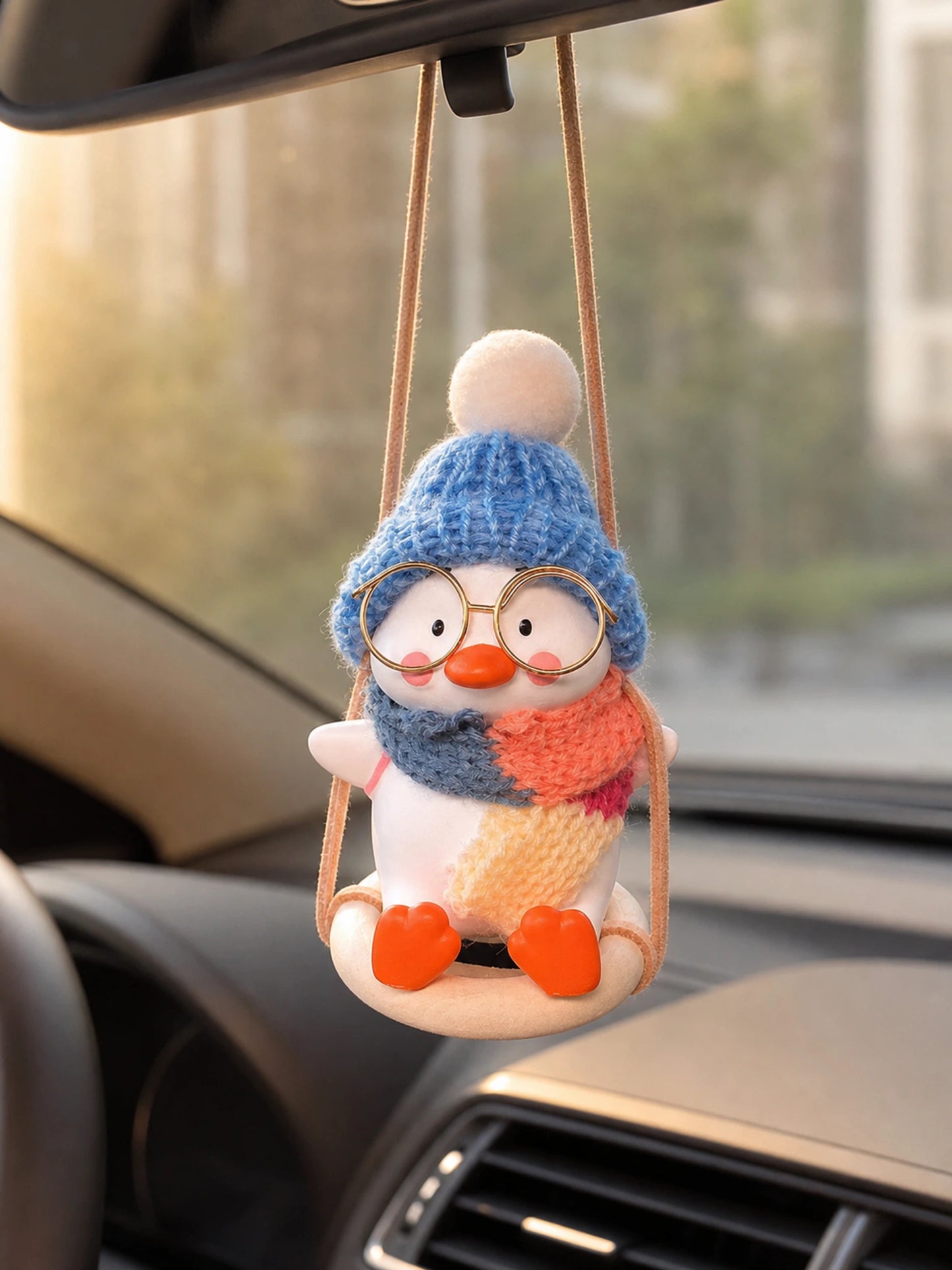 Swing Duck Hanging Car Charm in blue knit styling