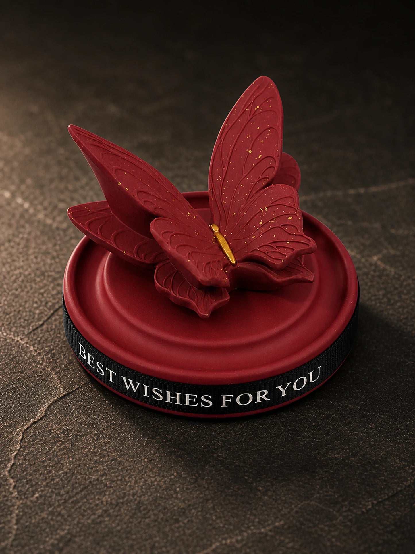 Burgundy Butterfly ornament base and ribbon detail