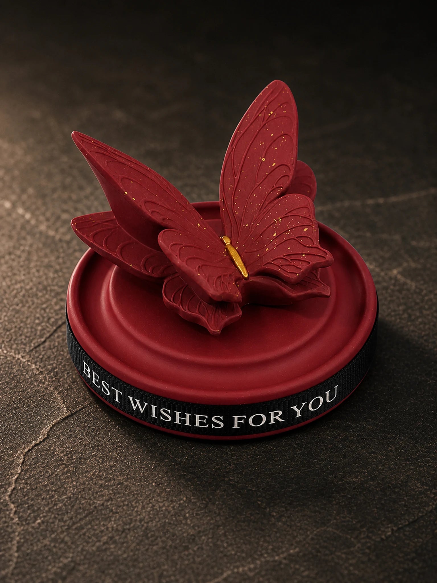 Burgundy Butterfly ornament base and ribbon detail