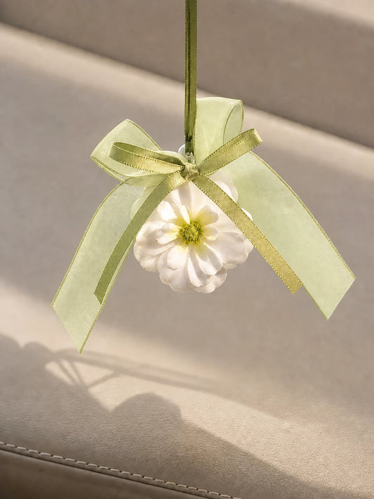 Green Ribbon Flower Car Charm displayed as a hanging botanical accent