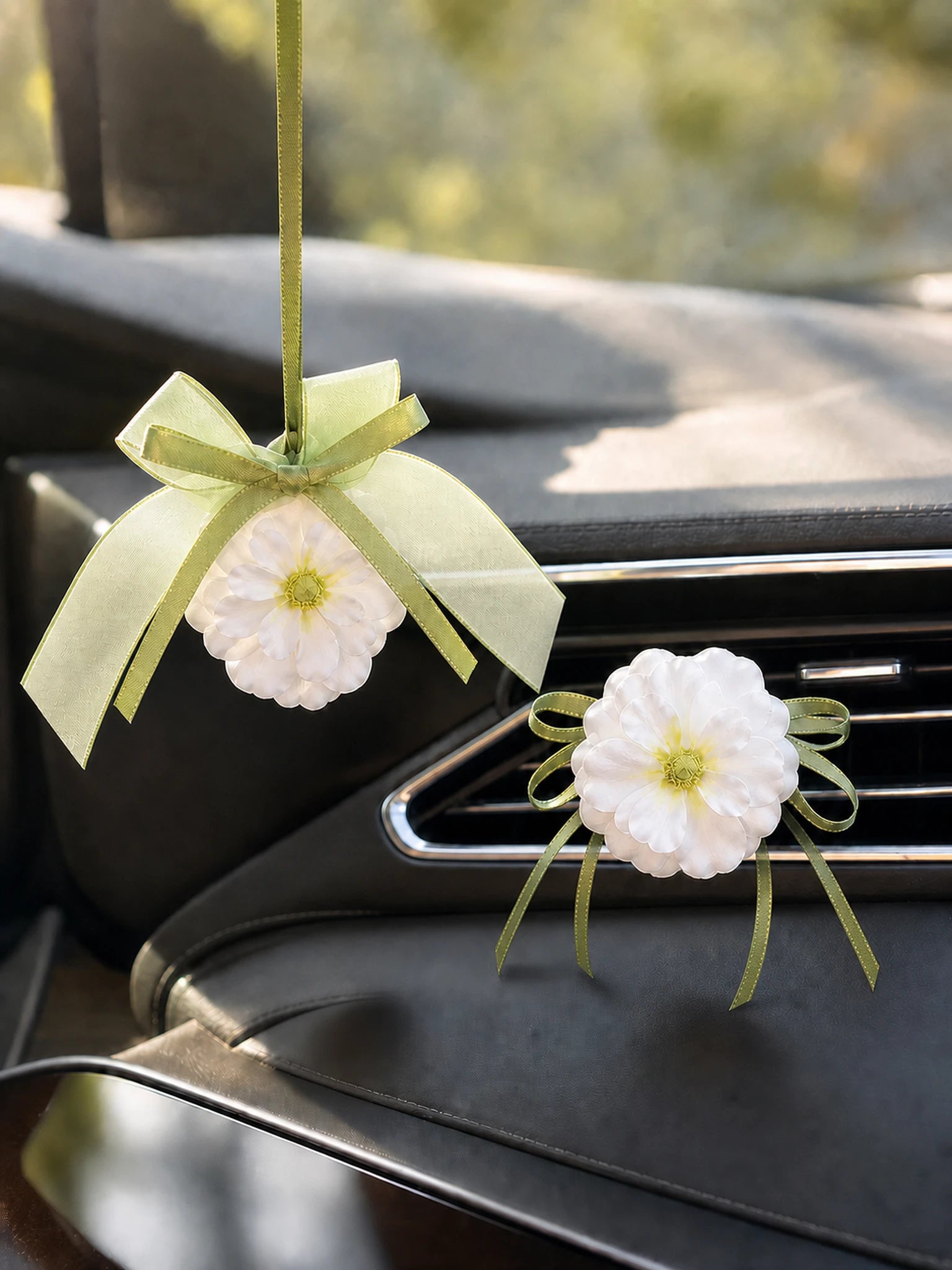 Green Ribbon Flower Car Charm hanging and vent clip styles