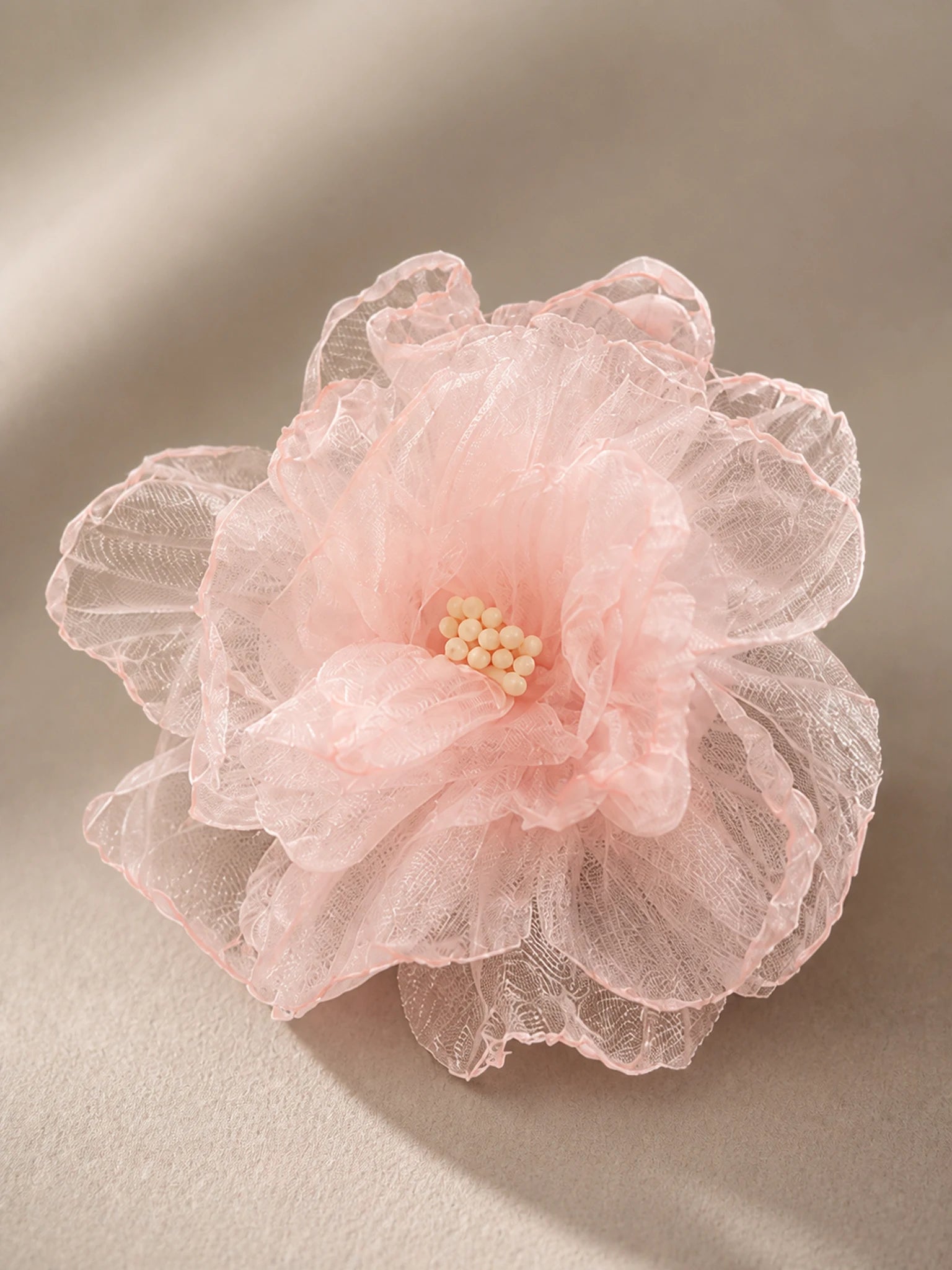 Blush Rose layered organza flower and center detail