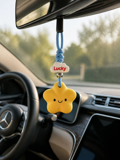 Lucky Star Hanging Car Charm suspended from a Mercedes-Benz rearview mirror