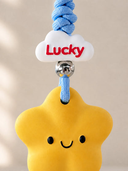 Lucky Star charm face, woven cord, cloud bead, and silver spacer detail
