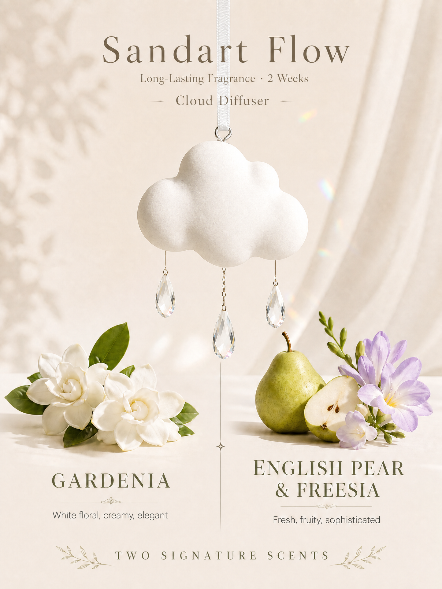 Cloud air freshener available scents: English Pear & Freesia, Gardenia
