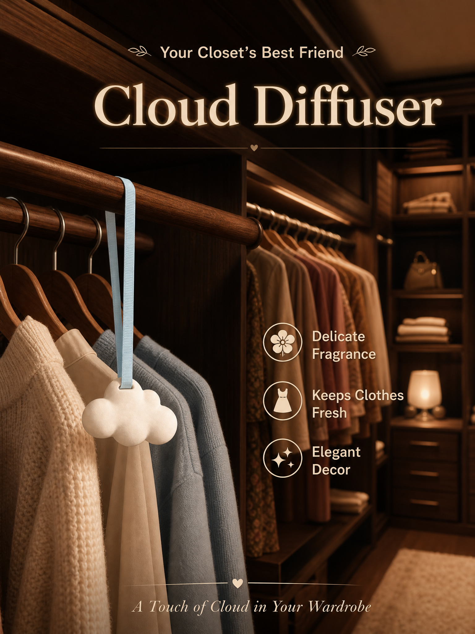 Cloud diffuser hanging in closet with wooden hangers