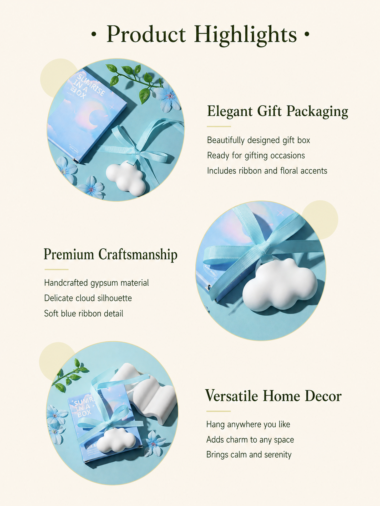 Cloud diffuser product features: premium gypsum, gift packaging, versatile decor