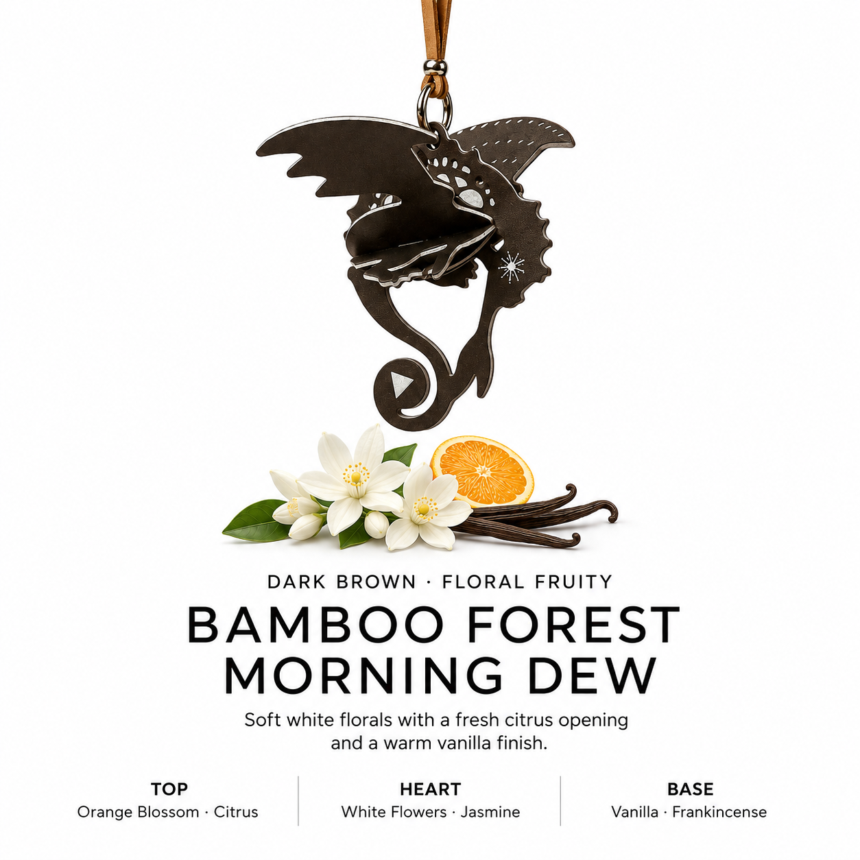 Dark Brown dragon hanging car fragrance charm - Floral Fruity - Bamboo Forest Morning Dew