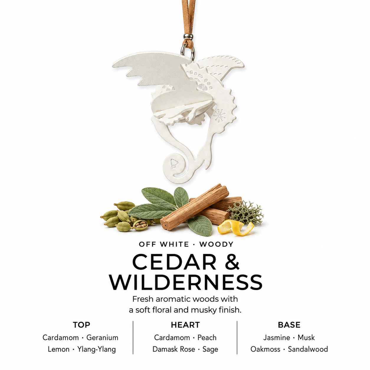 Off White dragon hanging car fragrance charm - Woody - Cedar and Wilderness