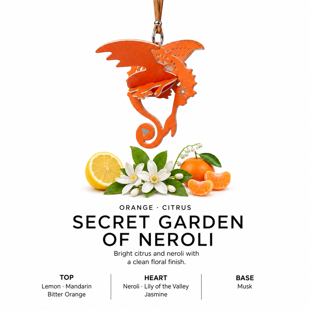 Orange dragon hanging car fragrance charm - Citrus - Secret Garden of Neroli