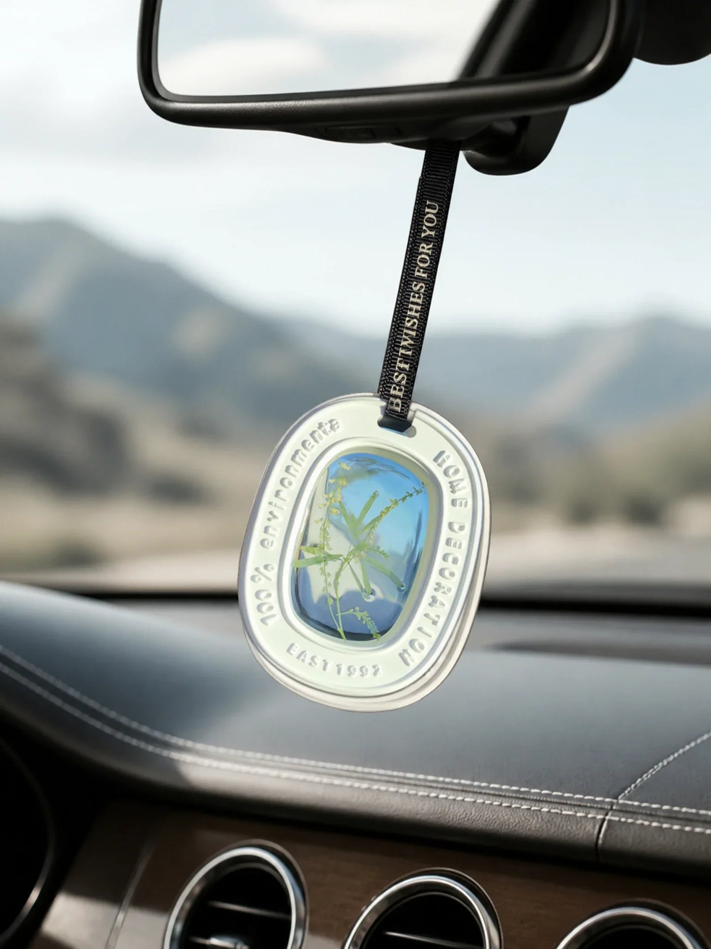 Botanical Green window car charm hanging beneath a rearview mirror