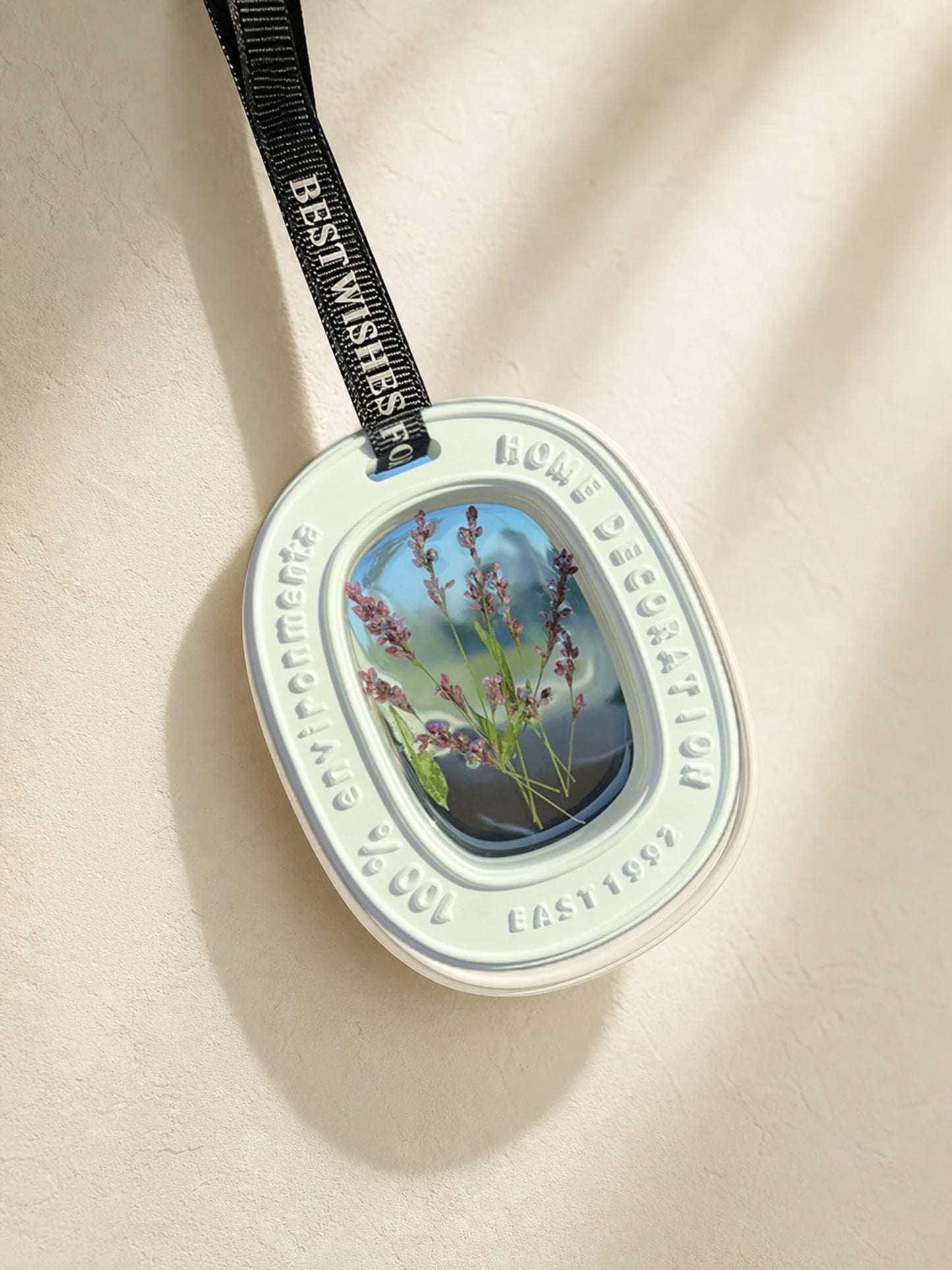 Everlasting Botanical Window car charm in Heather Purple with ivory frame and black printed strap