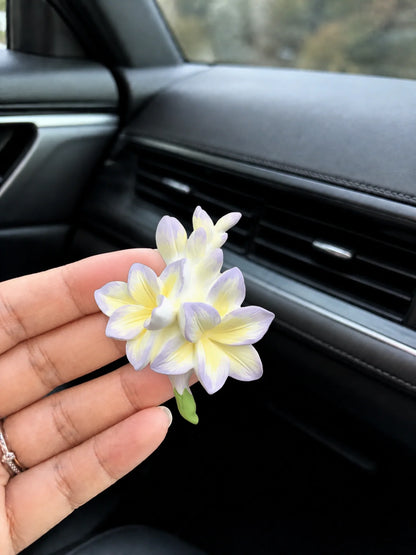 Lavender Cream Freesia ornament shown in hand for an honest sense of scale
