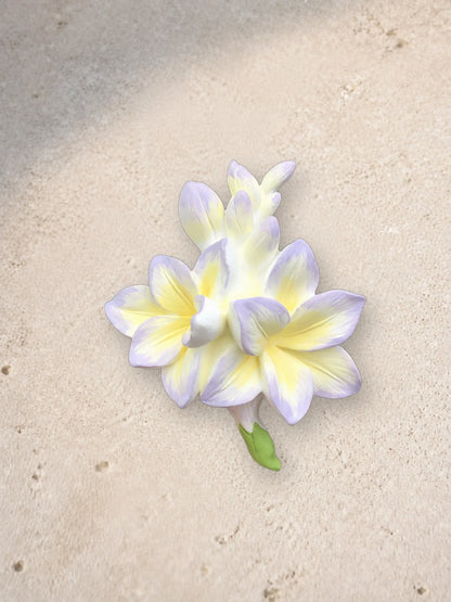Close detail of cream petals, pale yellow centers and fine lavender edges