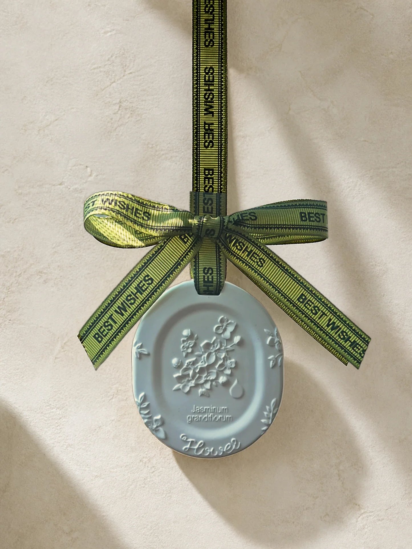 White Jasmine botanical medallion hanging car charm with olive BEST WISHES ribbon