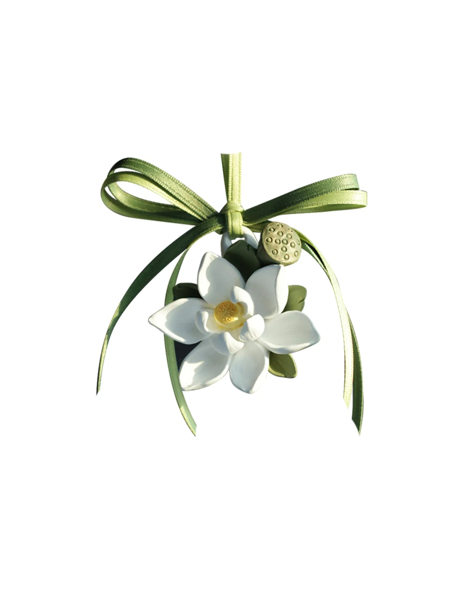 Lotus Serenity hanging car charm with white lotus, olive leaves, lotus pod and ribbon