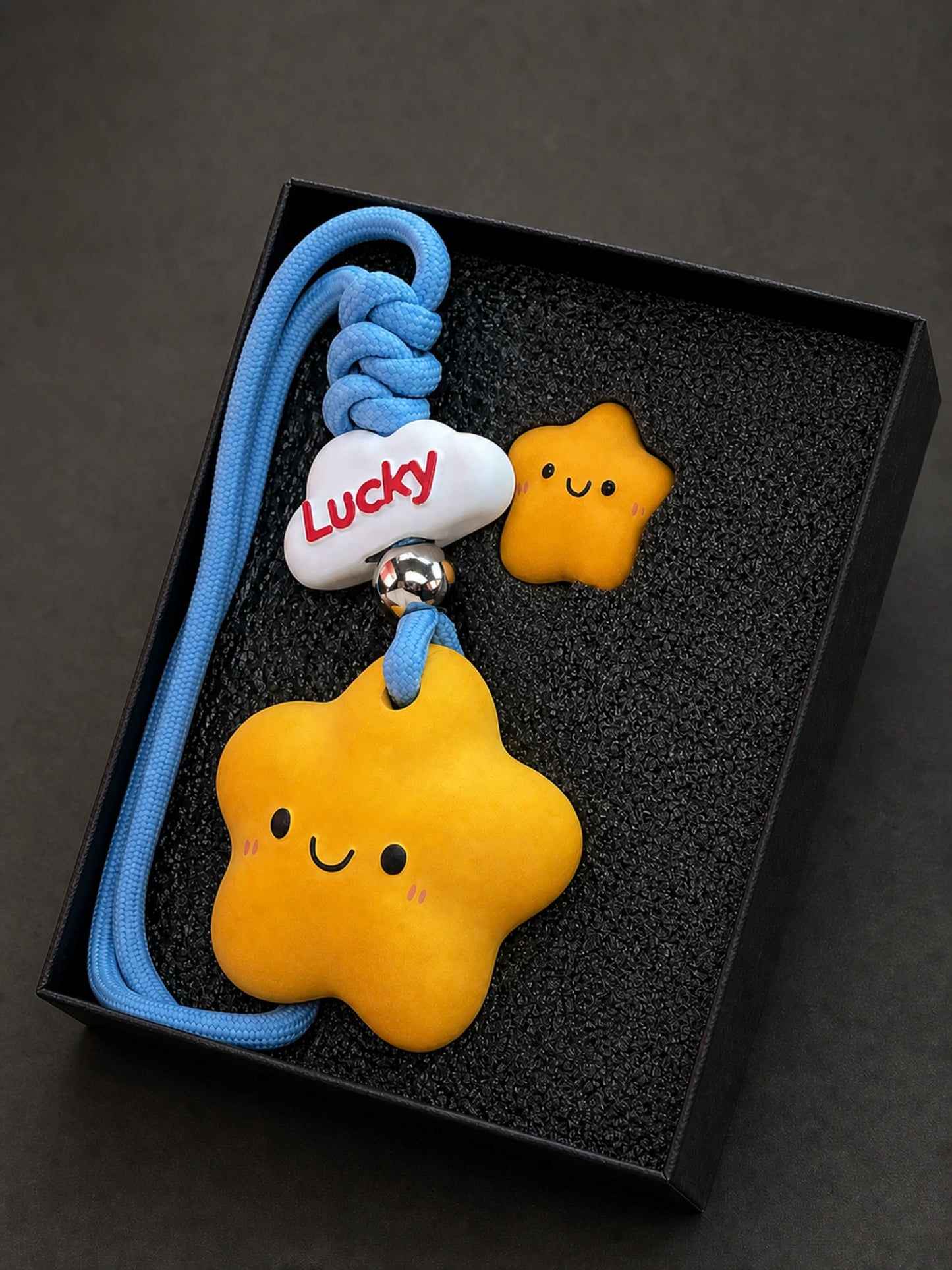 Lucky Star Hanging Gift Box with blue cord and small companion star