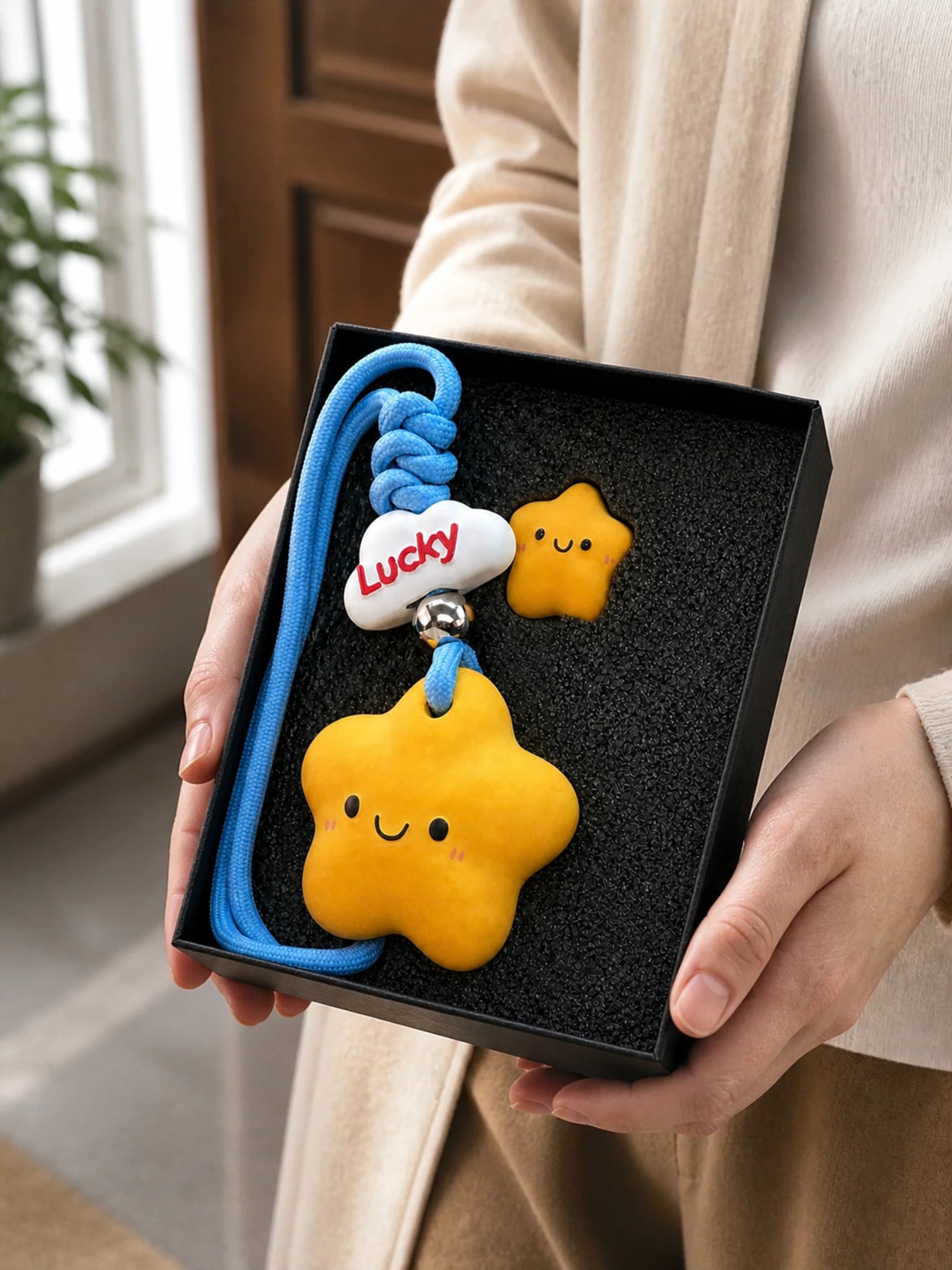 Lucky Star hanging gift box shown at honest hand-held scale