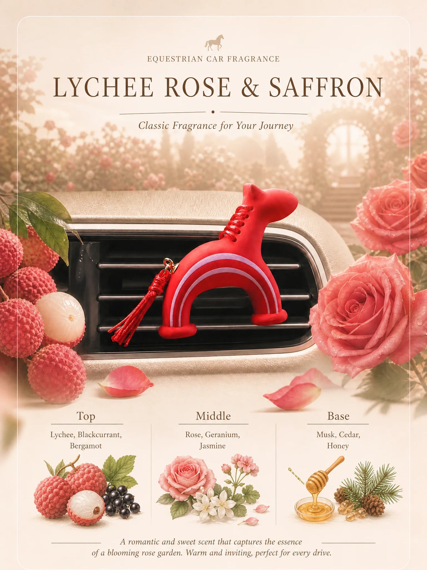 Lychee Rose & Saffron scented red pony car air freshener