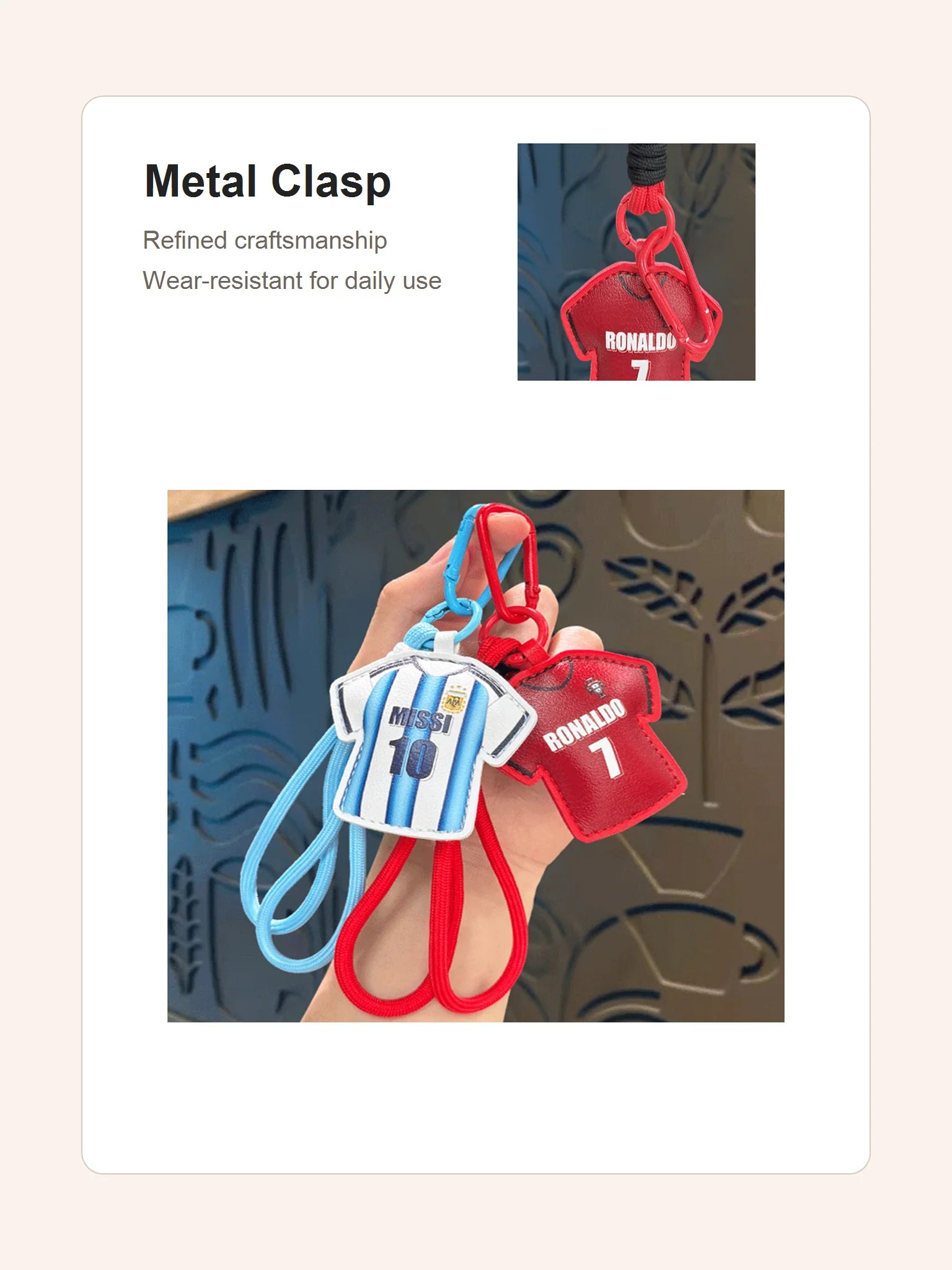 Metal clasp detail on jersey style leather keychain