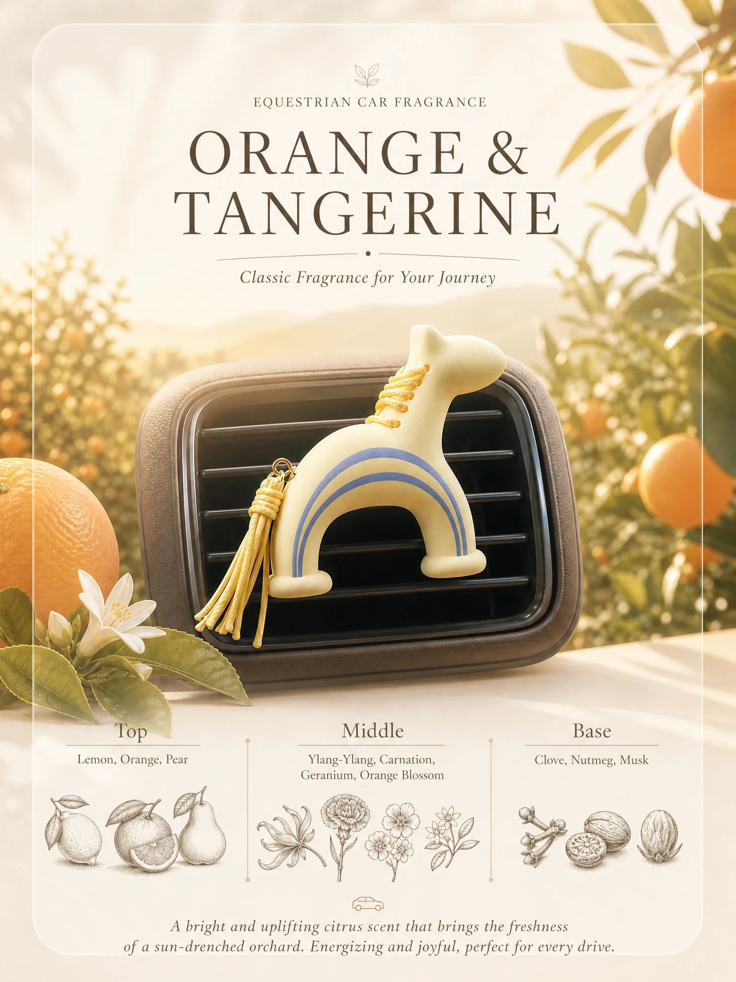 Orange & Tangerine scented yellow pony car air freshener