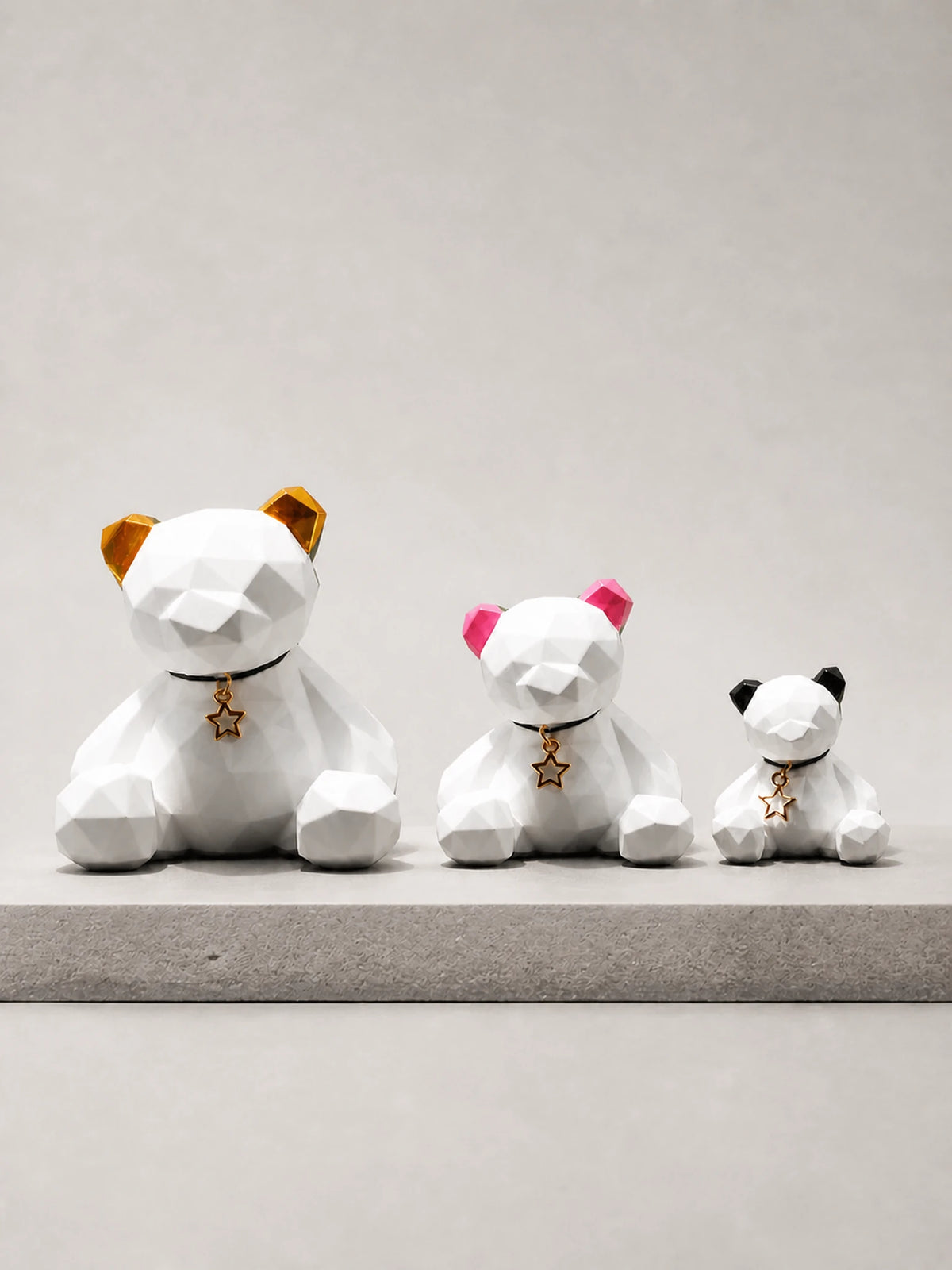 Golden, rose and black ear faceted bear styles shown together for comparison