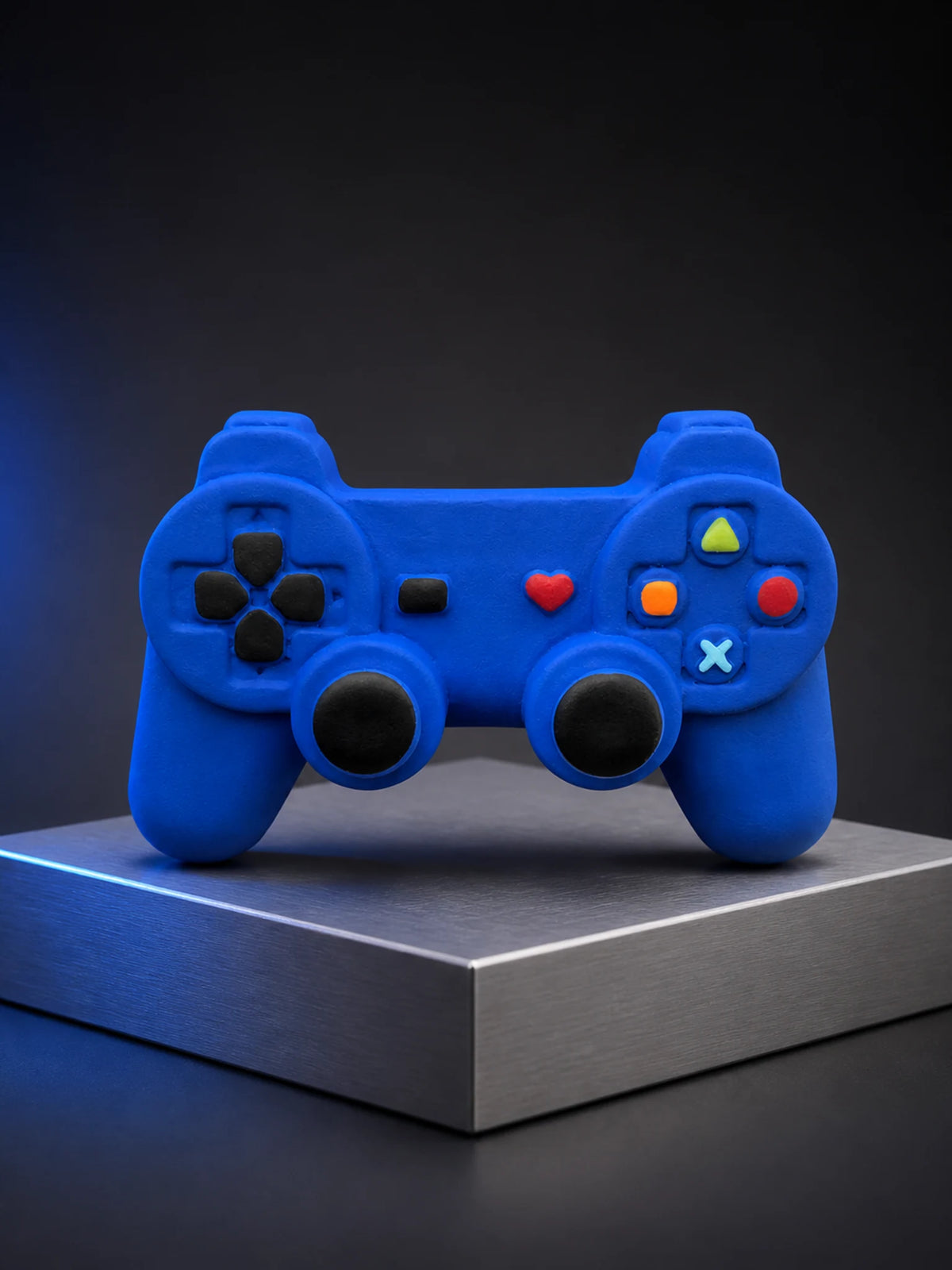 Cobalt-blue game controller ornament with black controls and colored buttons