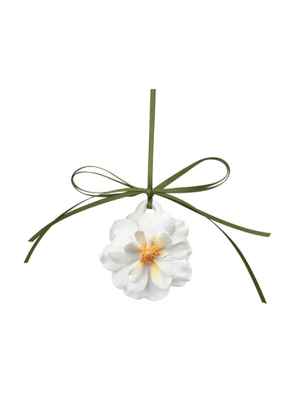 Ivory peony hanging car charm with a golden center and olive ribbon on a clean background