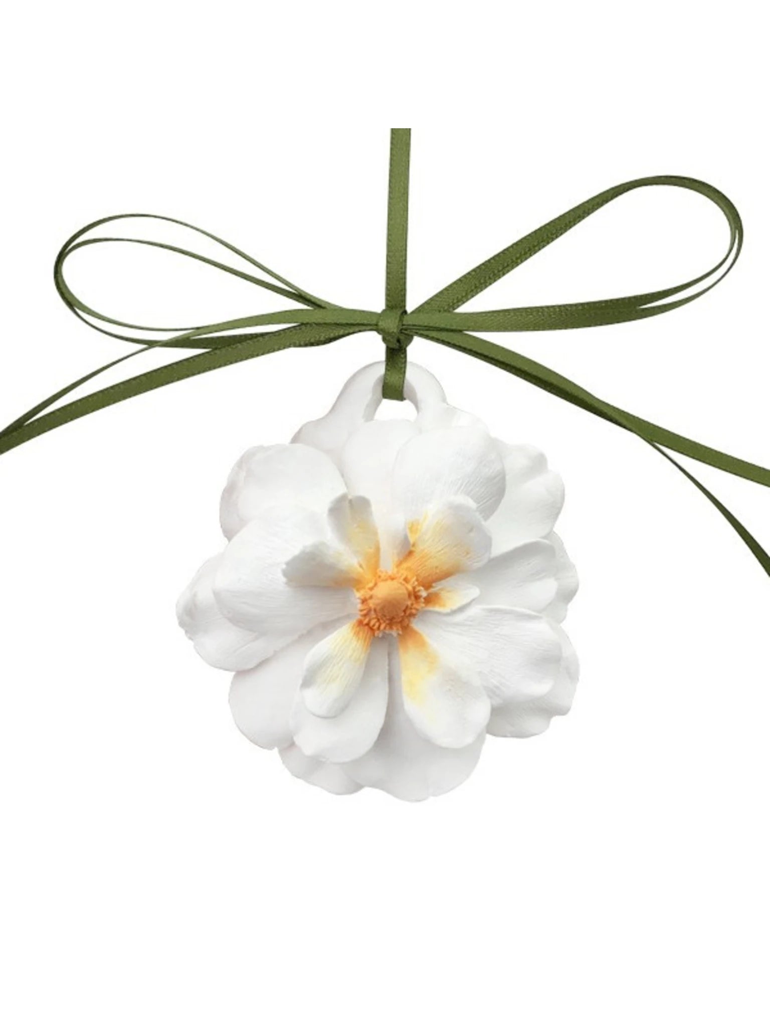 Close detail of the layered peony petals and narrow hanging ribbon
