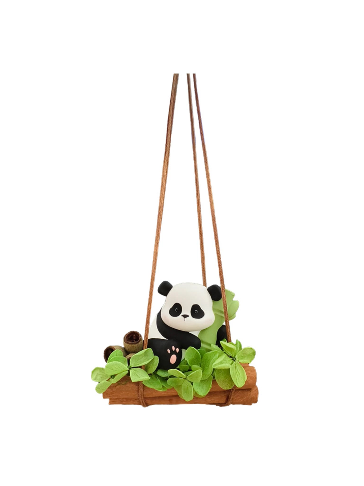 Bamboo Panda hanging car charm on a clean neutral background