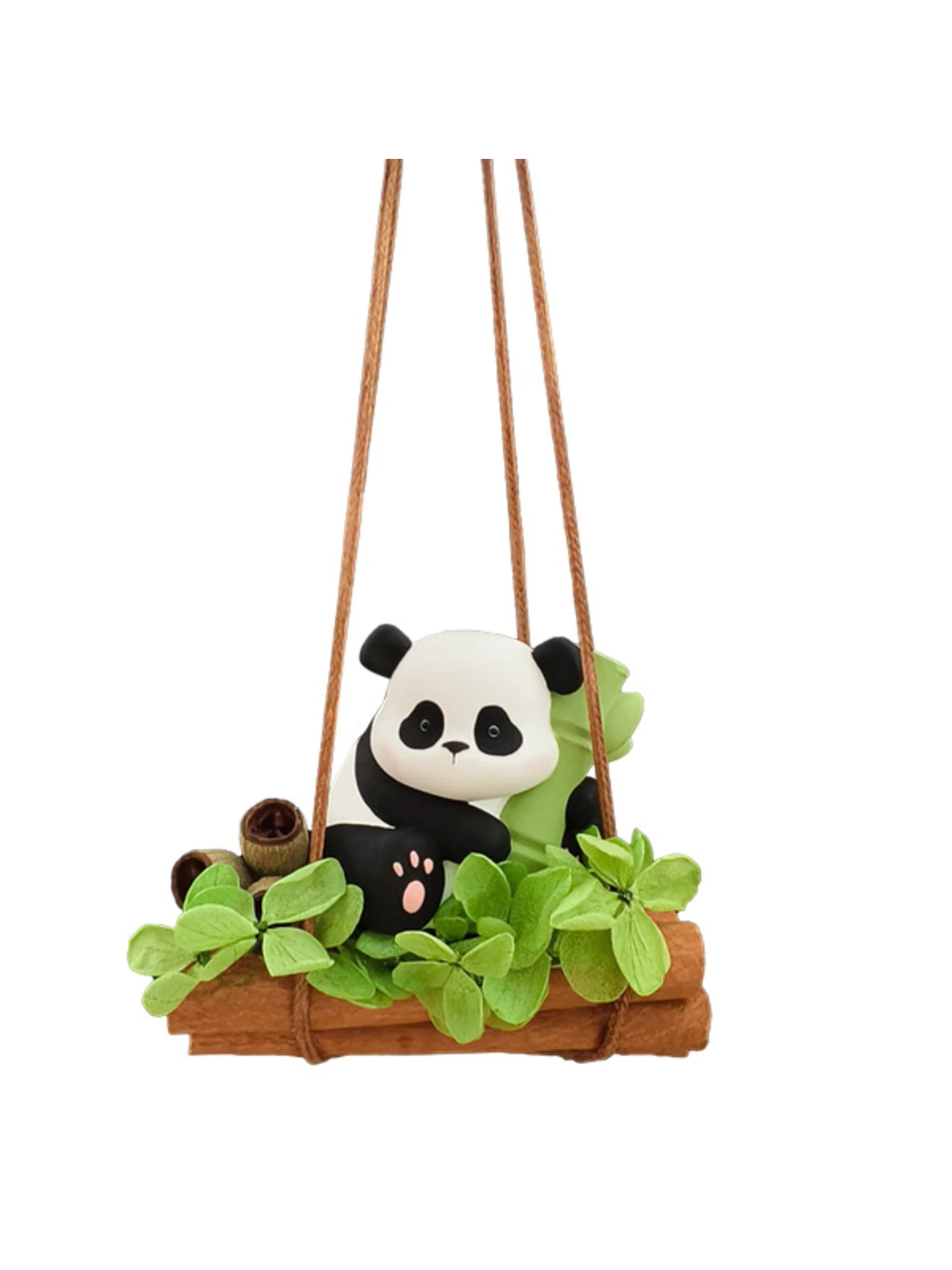 Front detail of the seated panda, bamboo and leafy base