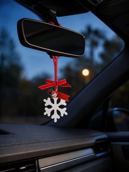 White snowflake hanging ornament in a premium blue-hour cabin