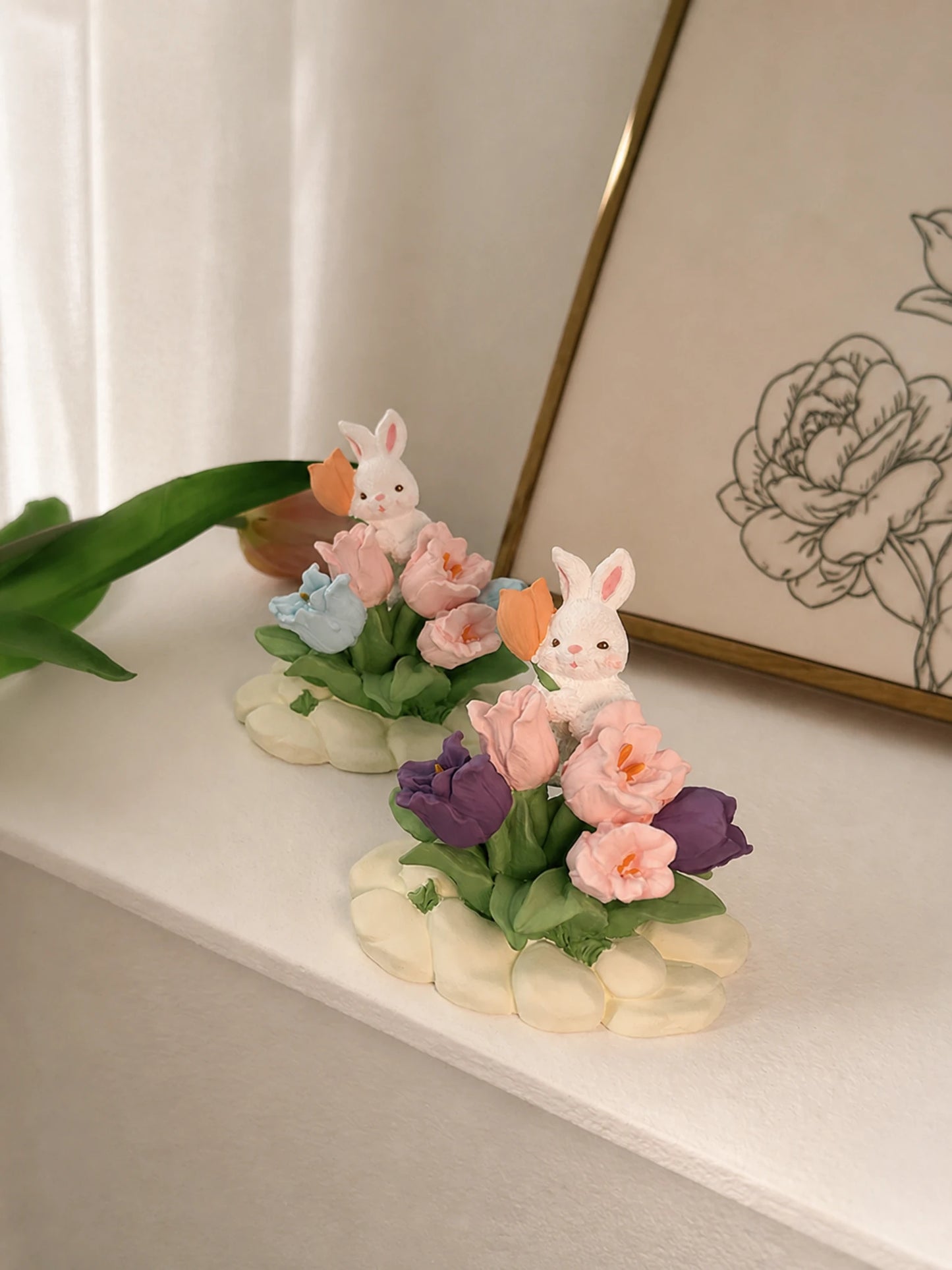 Tulip Rabbit Garden ornament styled on a refined home shelf