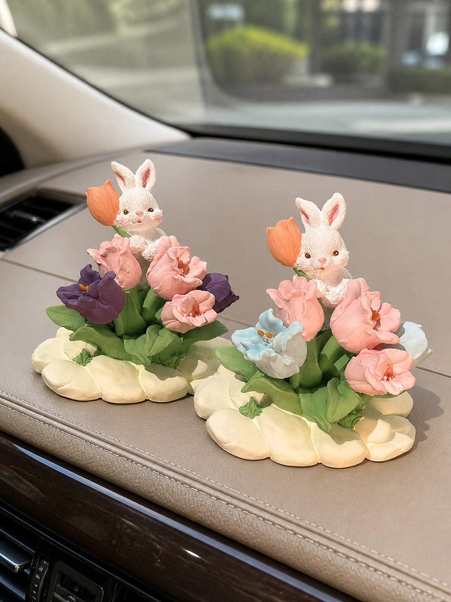 Blush Lavender and Blush Blue rabbit garden ornaments together