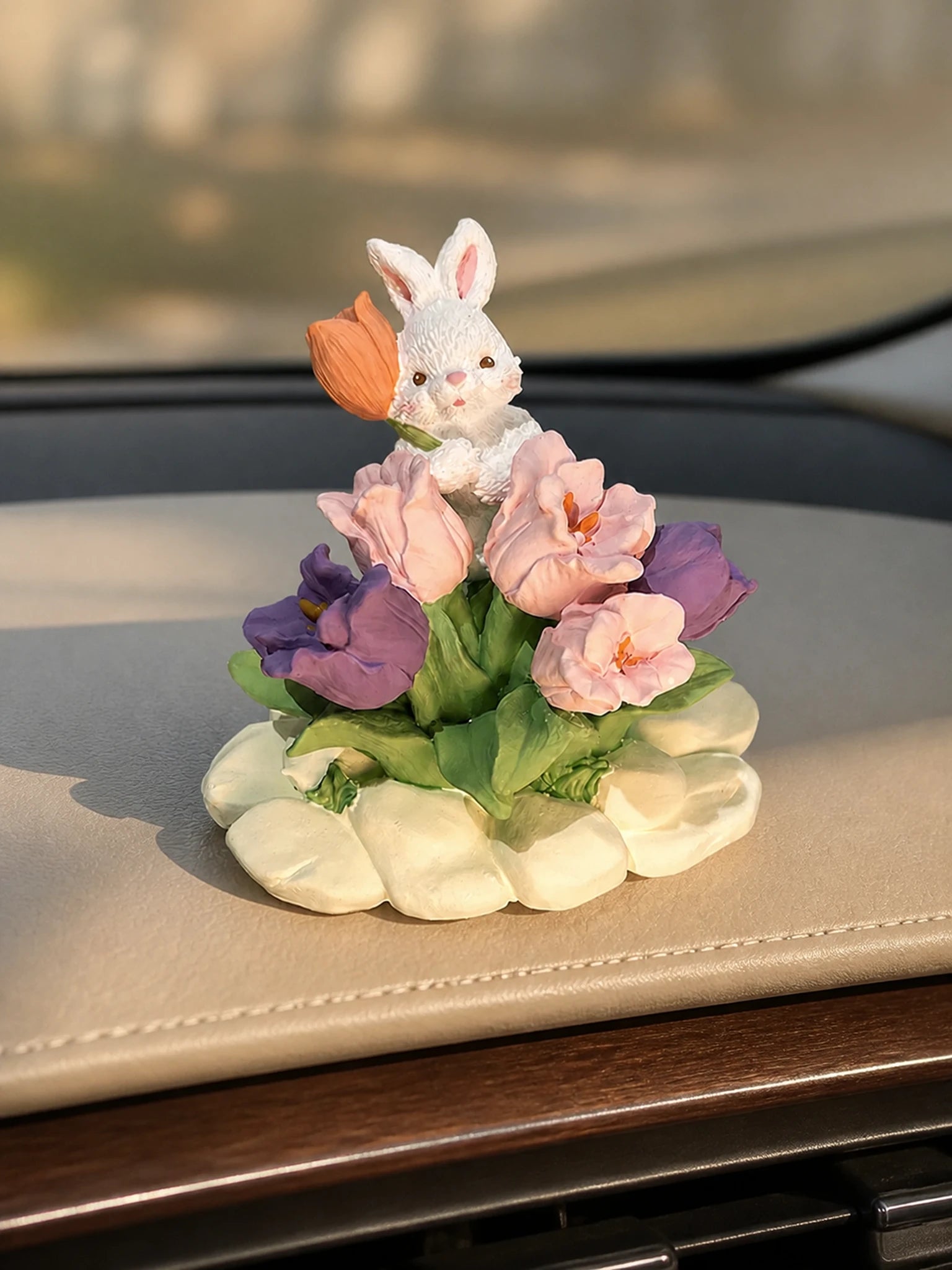 Blush Lavender Garden rabbit ornament with pink tulips