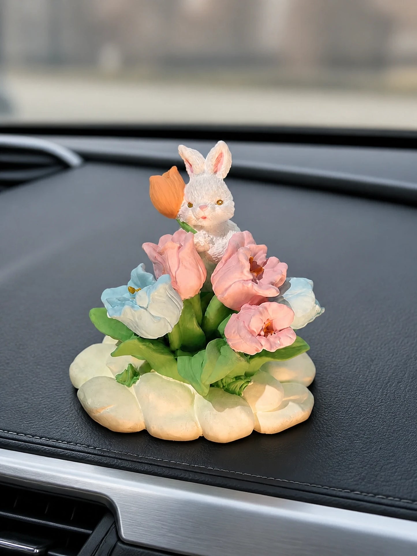 Blush Blue Garden rabbit ornament with pink tulips and blue flowers