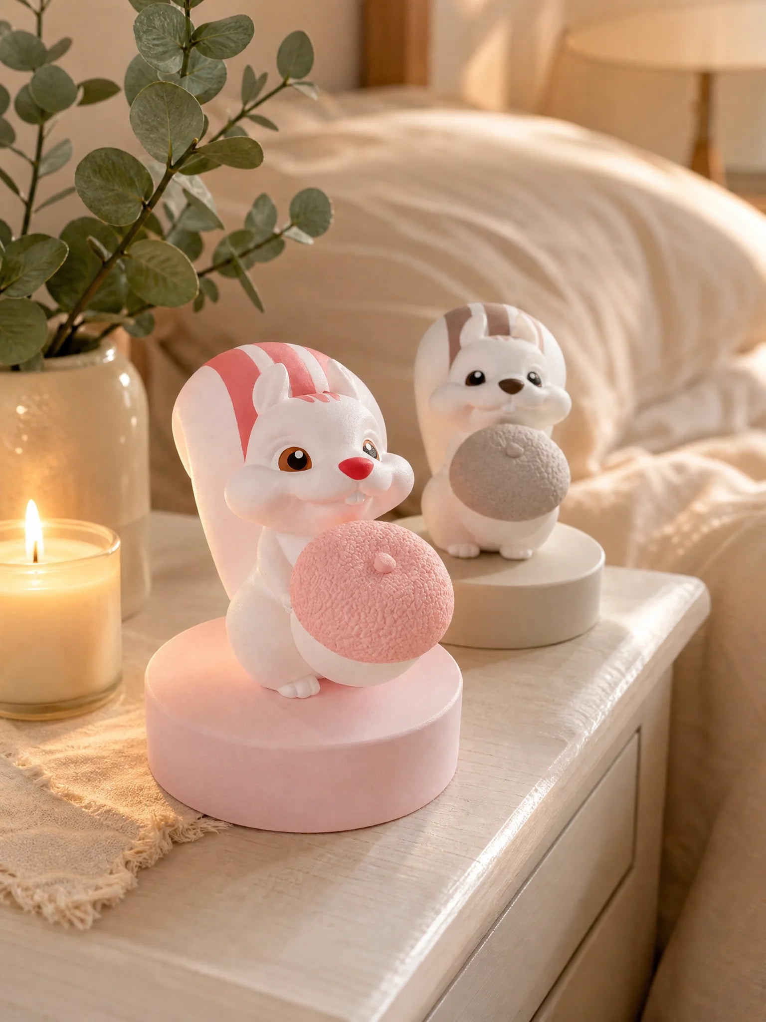 Squirrel diffuser placed on bedroom nightstand with candles